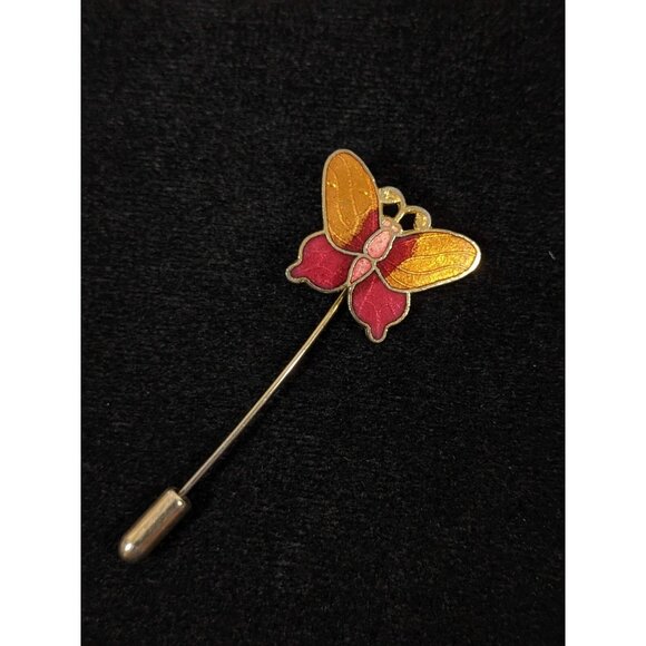 Vintage Red Orange Cloisonne Butterfly Short Stick Pin - Picture 2 of 5